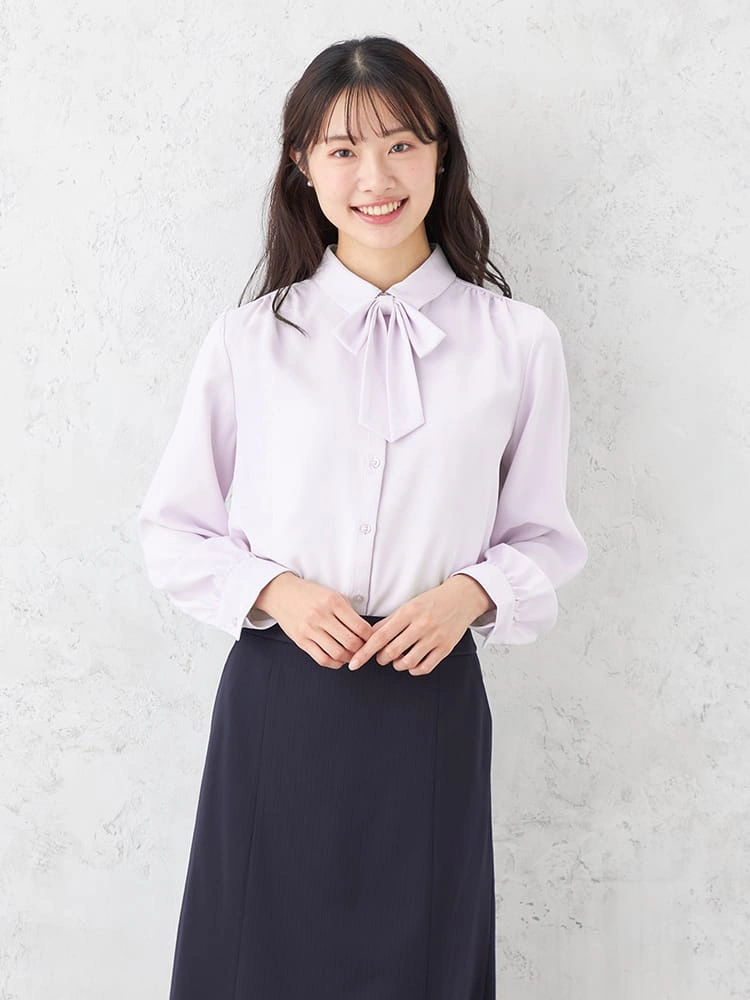 ラベンダー 【2WAYリボン付】長袖 ブラウス レギュラーカラー