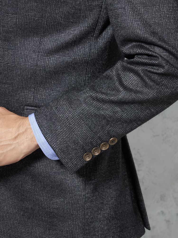 ウール混スーツ 2つボタン 尾州素材使用 ニット素材 グレー チェック