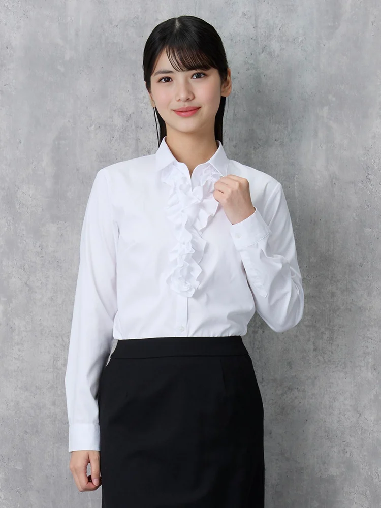 【4WAYフリル＆リボン付】長袖ブラウススキッパー形態安定透けにくい織柄無地ViVi通年【レディース】