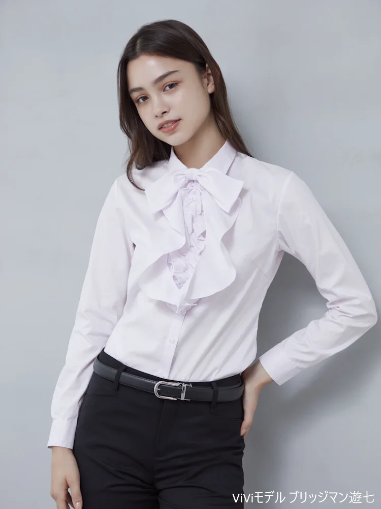 【4WAYフリル＆リボン付】長袖ブラウススキッパー形態安定透けにくい織柄無地ViVi通年【レディース】
