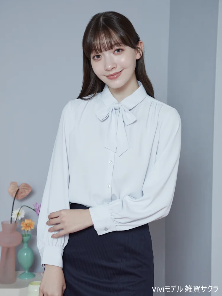 【2WAYリボン付】長袖ブラウスレギュラーカラーストレッチ透けにくい無地ViVi通年【レディース】