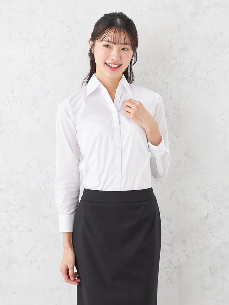 【形態安定】ブラウス長袖GraceField白ブロードスキッパーストレッチリクルート通年【レディース】