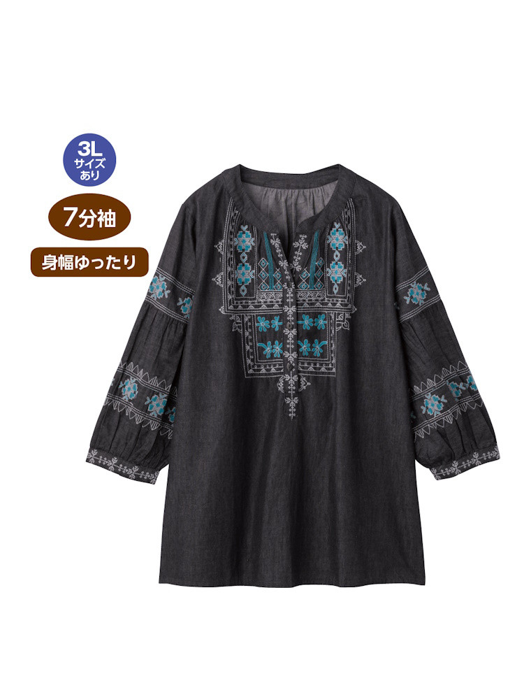 7分袖デニム刺繍半開ブラウス／婦人用／レディース／シニア／高齢者／ゆったり／ブラウス【CF】
