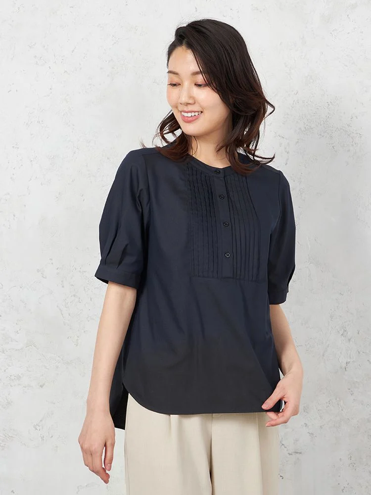 ◆SALE特別価格◆【UVカット】半袖ピンタックブラウス遮熱透け防止形態安定無地SOFFICE春夏【レディース】