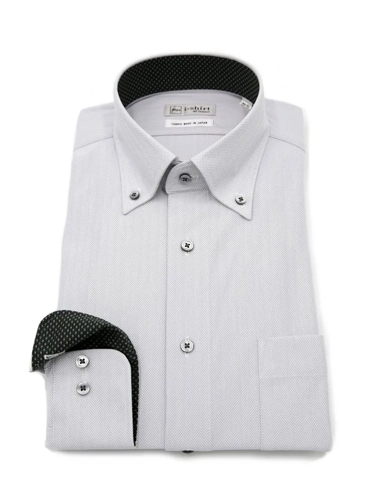 【完全ノーアイロン】長袖アイシャツボタンダウン【トップヘザーシリーズ】ヘリンボン調ワイシャツi-shirt通年