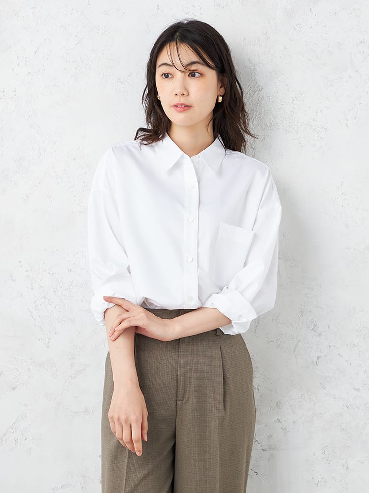 【SOFFICE】バンブーレーヨンオーバーサイズシャツ長袖ブラウス接触冷感通年