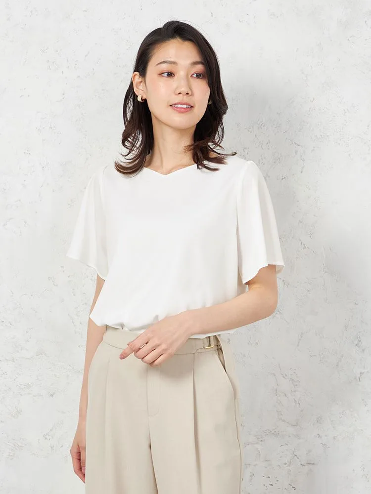 ◆SALE特別価格◆【ウォッシャブル】半袖ハートネックブラウス防臭抗菌透けにくい無地SOFFICE春夏【レディース】