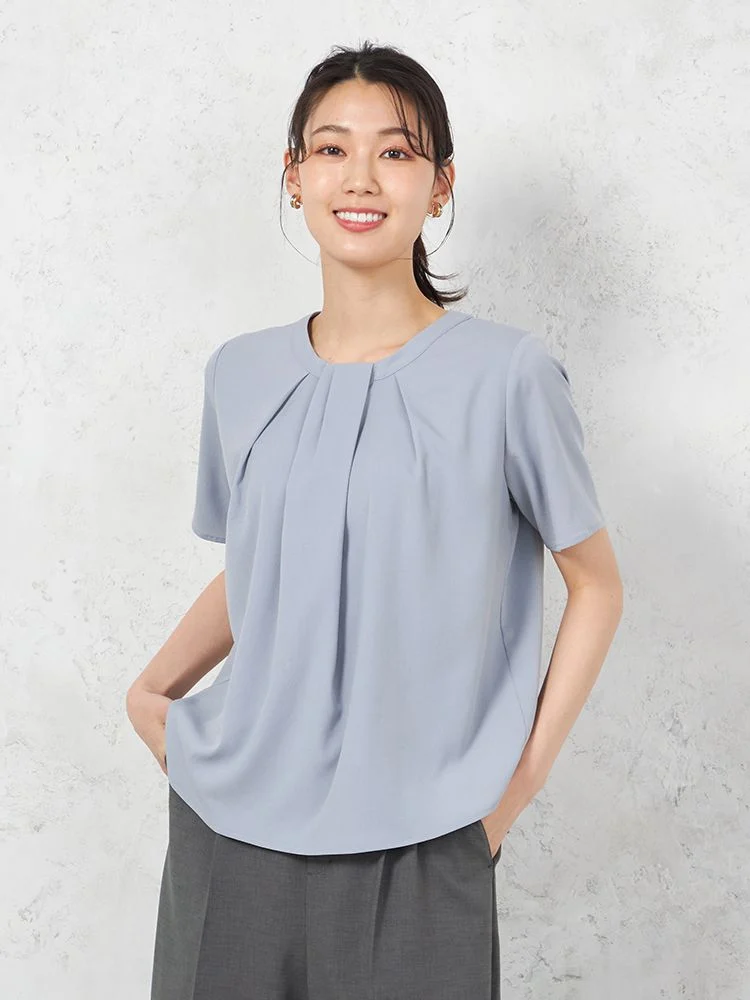 ◆SALE特別価格◆【ウォッシャブル】半袖タイ風タックブラウス防臭抗菌透けにくい無地SOFFICE春夏【レディース】