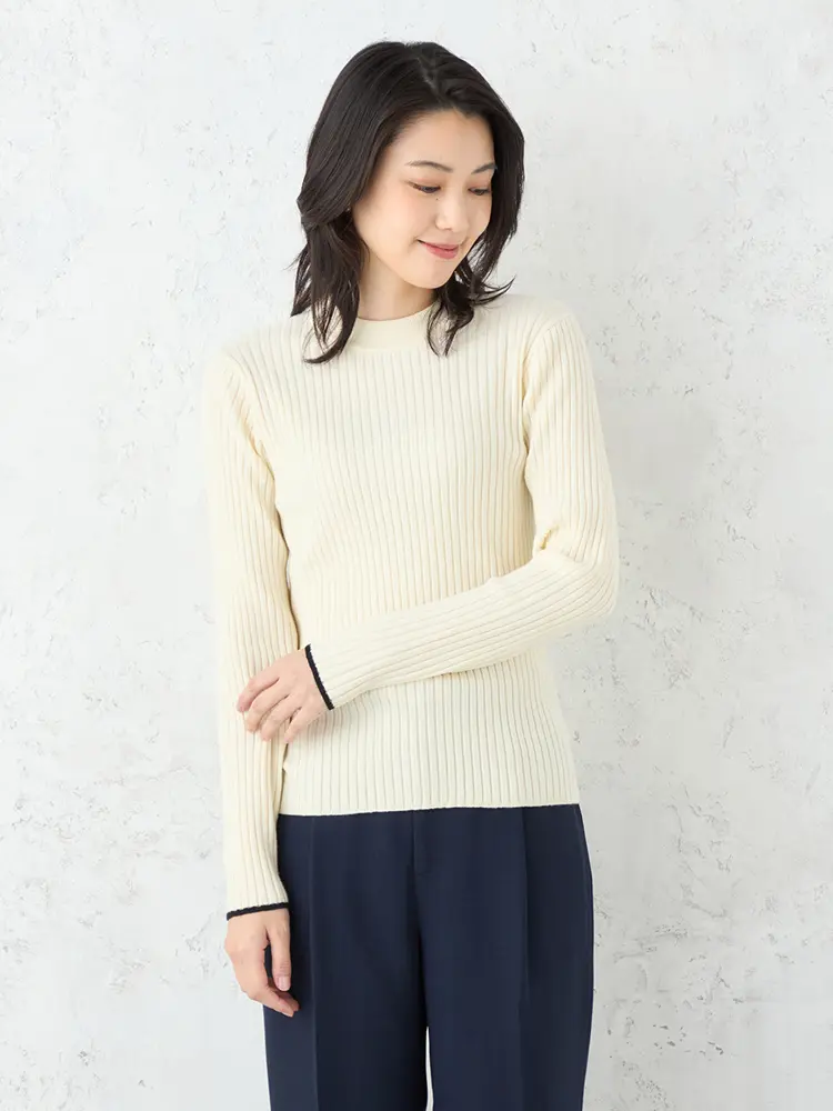 【SOFFICE】抗ピル配色ラインハイネックリブニットカットソーウォッシャブル放電抗ピリング秋冬【レディース】