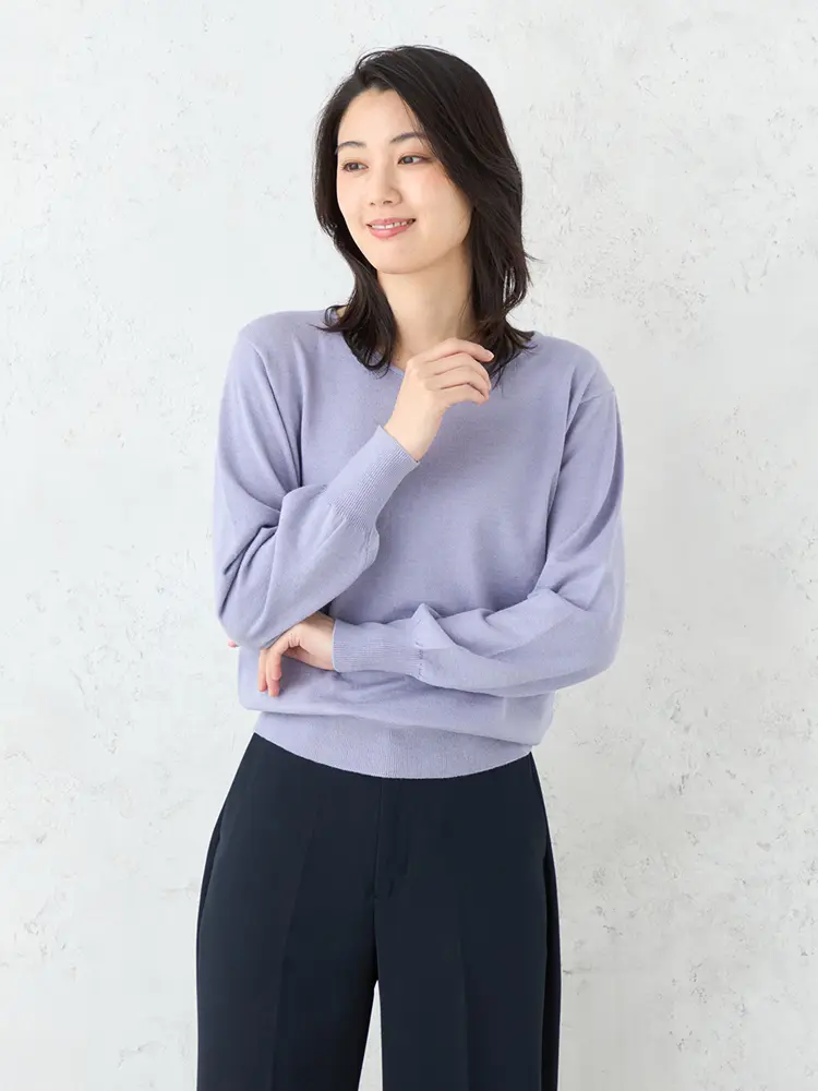 【SOFFICE】抗ピルVネックパフスリーブニットカットソーウォッシャブル放電抗ピリング秋冬