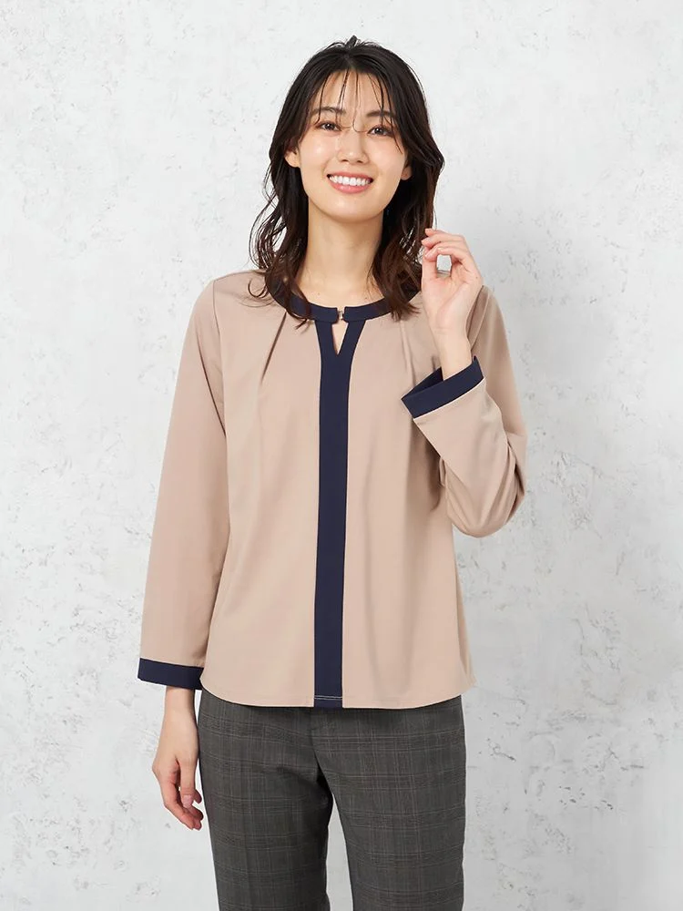 【レーヨン混】長袖ドレープポンチ前ホック配色カットソーストレッチ無地SOFFICE通年【レディース】