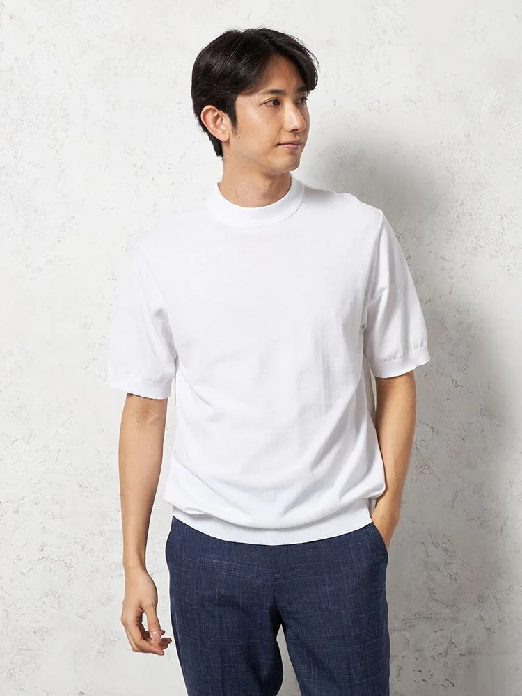 【綿100%】半袖Ｔシャツモックネックニット素材無地カジュアルインナーリッケンバッカーブラック春夏