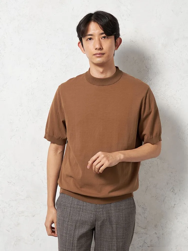 【綿100%】半袖Ｔシャツモックネックニット素材無地カジュアルインナーリッケンバッカーブラック春夏