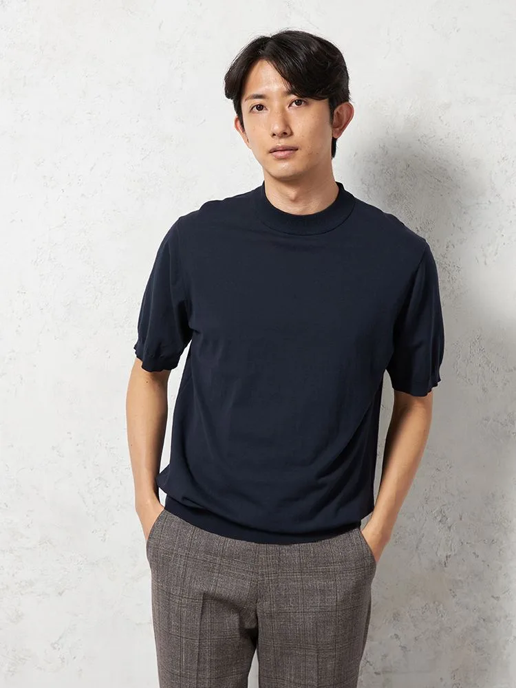 【綿100%】半袖Ｔシャツモックネックニット素材無地カジュアルインナーリッケンバッカーブラック春夏