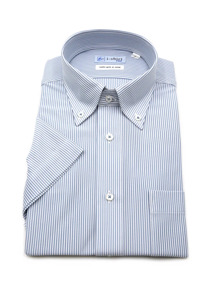 【完全ノーアイロン】半袖アイシャツボタンダウン【アイスライブ生地使用】吸湿冷感ストライプi-shirtワイシャツ春夏
