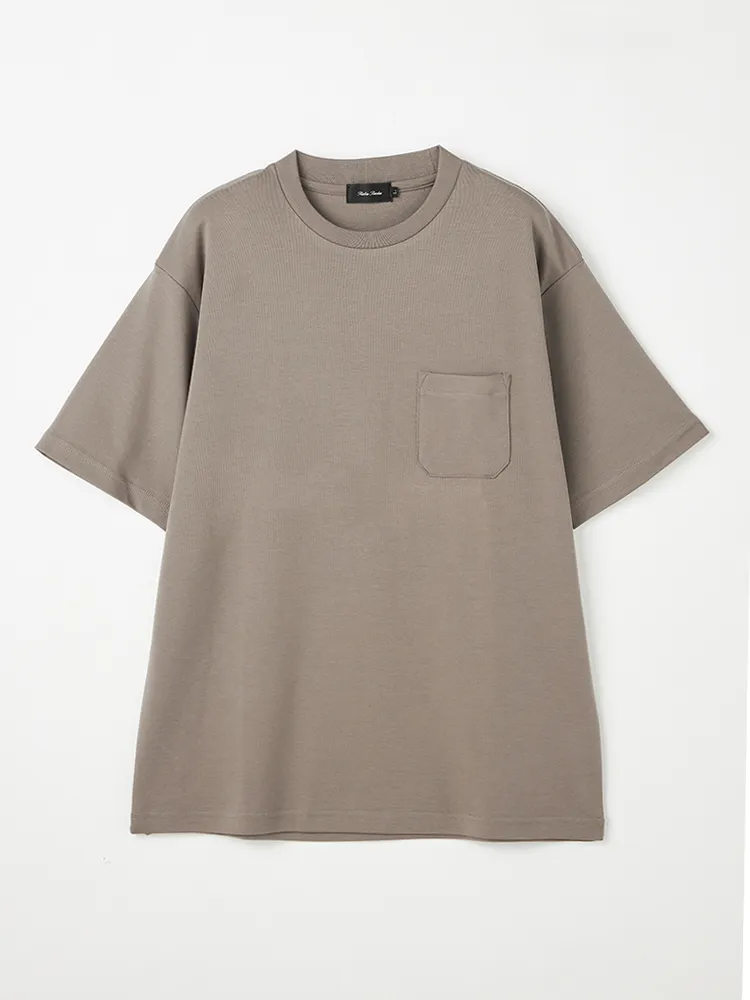 【リッケンバッカーブラック】シルケットスムーススロープネックポケ付きTシャツカジュアルインナーニット半袖クルーネック無地ＵＶ加工抗菌加工接触冷感防臭加工春夏