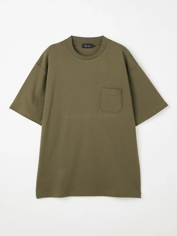 【リッケンバッカーブラック】シルケットスムーススロープネックポケ付きTシャツカジュアルインナーニット半袖クルーネック無地ＵＶ加工抗菌加工接触冷感防臭加工春夏