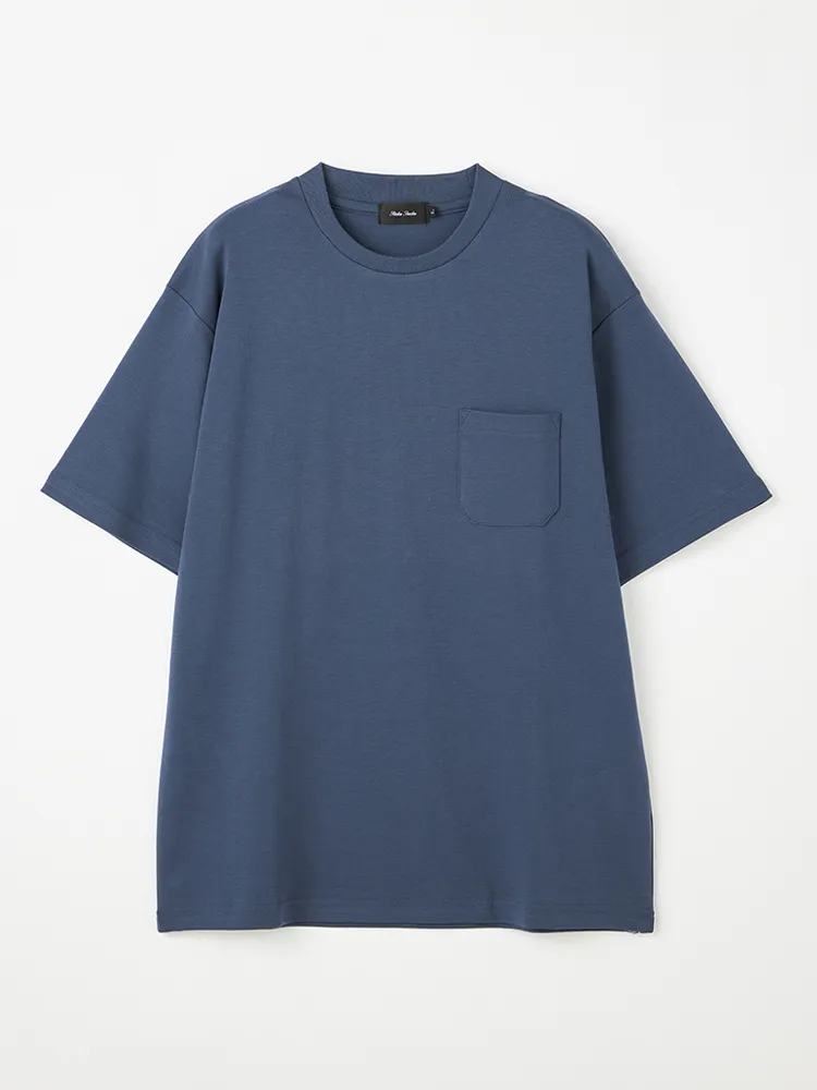 【リッケンバッカーブラック】シルケットスムーススロープネックポケ付きTシャツカジュアルインナーニット半袖クルーネック無地ＵＶ加工抗菌加工接触冷感防臭加工春夏
