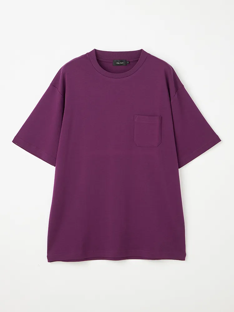 【リッケンバッカーブラック】シルケットスムーススロープネックポケ付きTシャツカジュアルインナーニット半袖クルーネック無地ＵＶ加工抗菌加工接触冷感防臭加工春夏