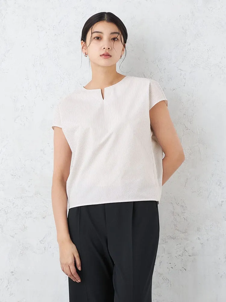 【INDIVI】サッカーストライプフレンチスリーブブラウスウォッシャブル春夏【レディース】