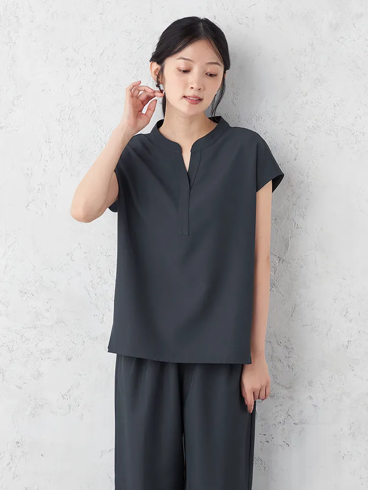 【ONCLOSET】ツヤ感ツイルフレンチスリーブブラウス無地ウォッシャブルストレッチ秋冬【レディース】