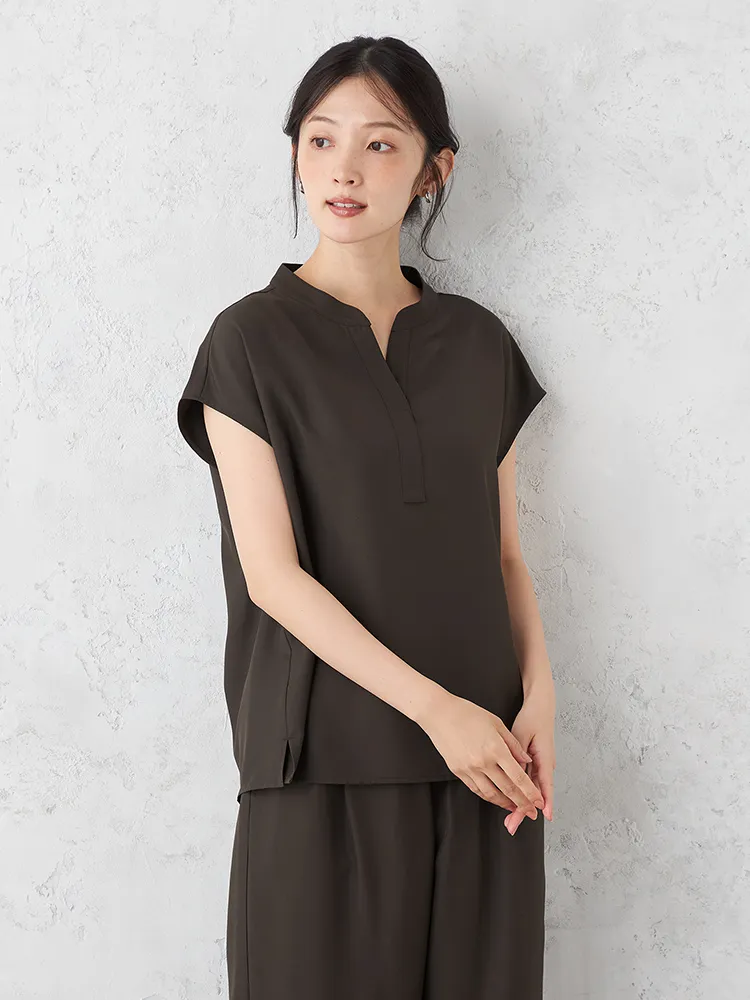 【ONCLOSET】ツヤ感ツイルフレンチスリーブブラウス無地ウォッシャブルストレッチ秋冬【レディース】