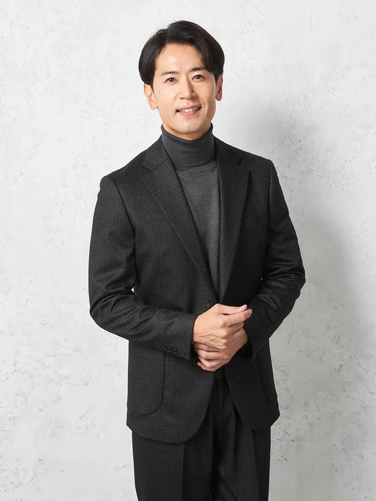 【リッケンバッカーブラック】ウールジャージセットアップジャケット２つボタン千鳥格子上下ウォッシャブル秋冬