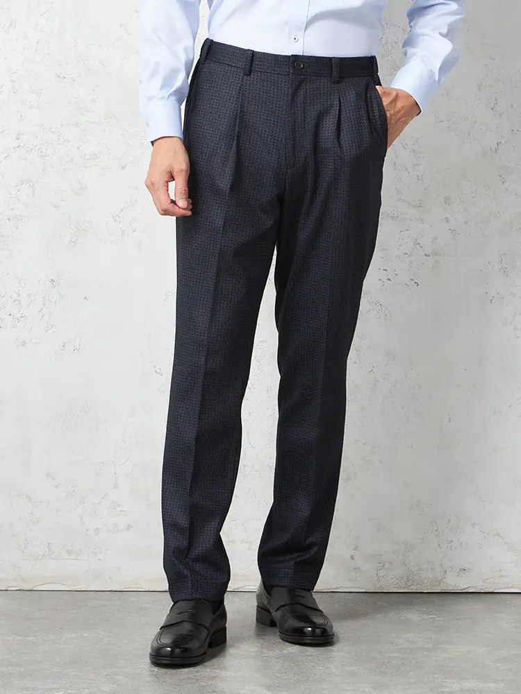 【リッケンバッカーブラック】ウールジャージセットアップパンツ千鳥格子上下ウォッシャブルワンタック秋冬