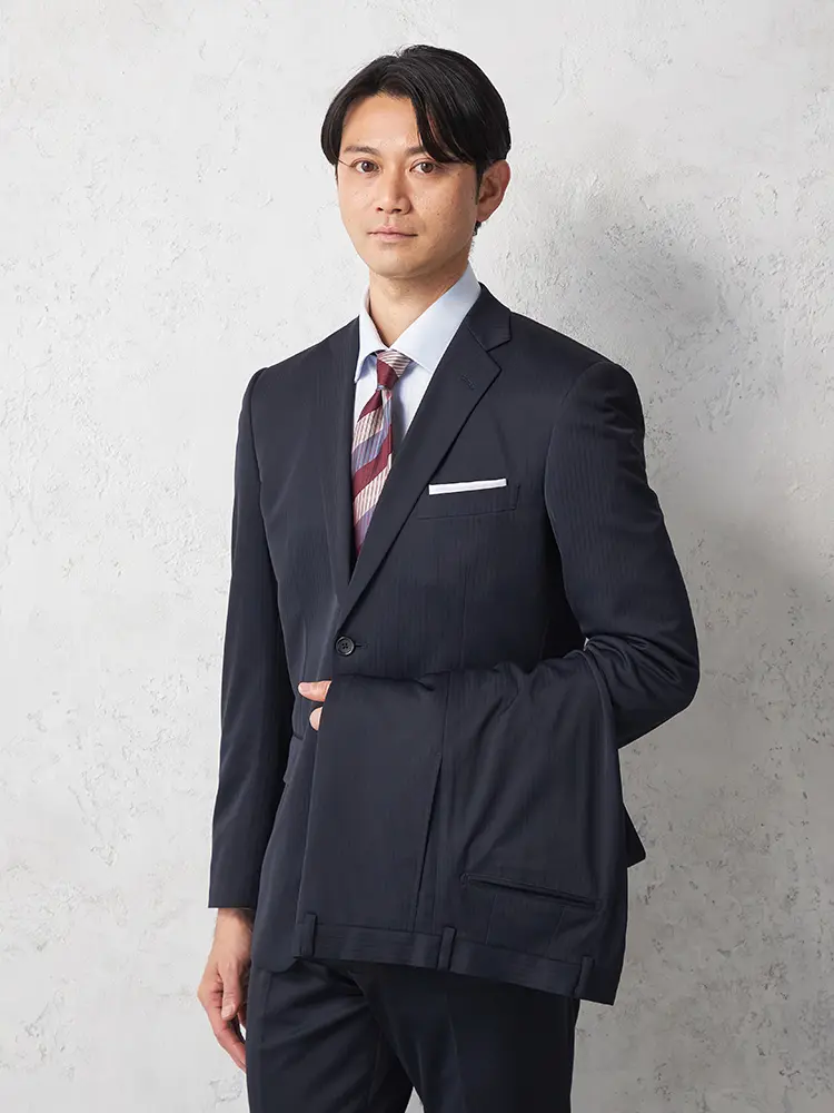 【タニタ】ニットスーツ２つボタン２パンツストライプノータック上下ウォッシャブル春夏