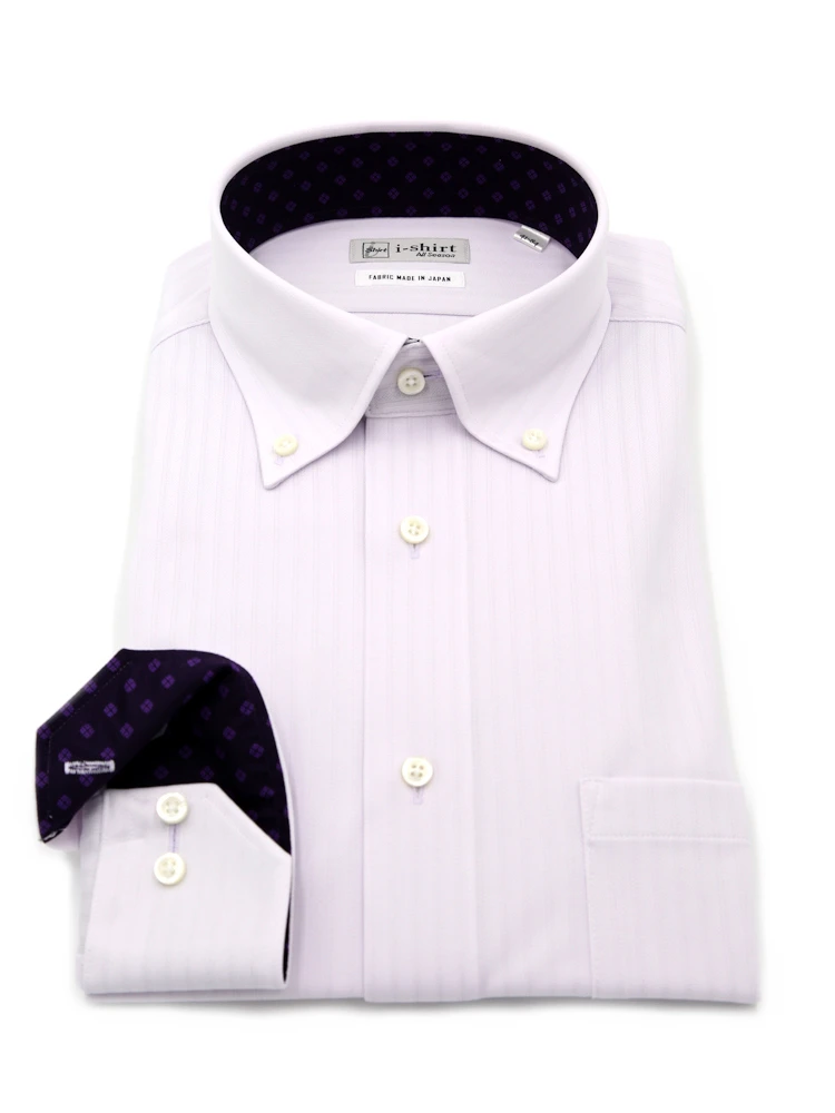 【完全ノーアイロン】長袖アイシャツボタンダウンストレッチ吸汗速乾シャンブレーストライプワイシャツi-shirt通年