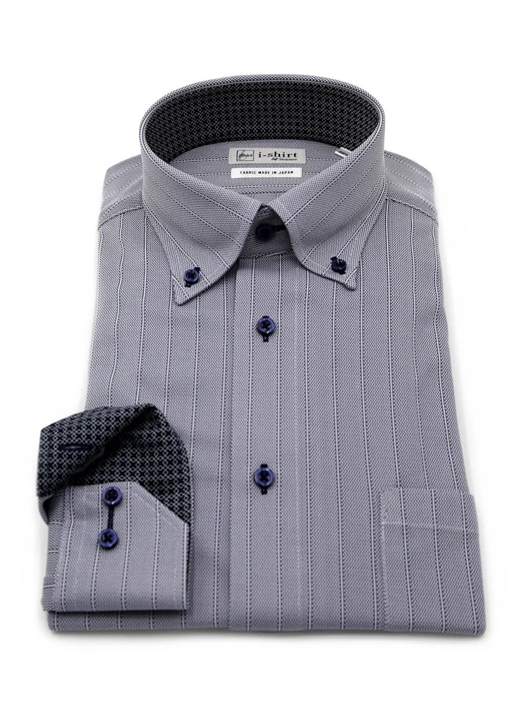 【完全ノーアイロン】長袖アイシャツボタンダウンストレッチ吸汗速乾太ピッチストライプワイシャツi-shirt通年