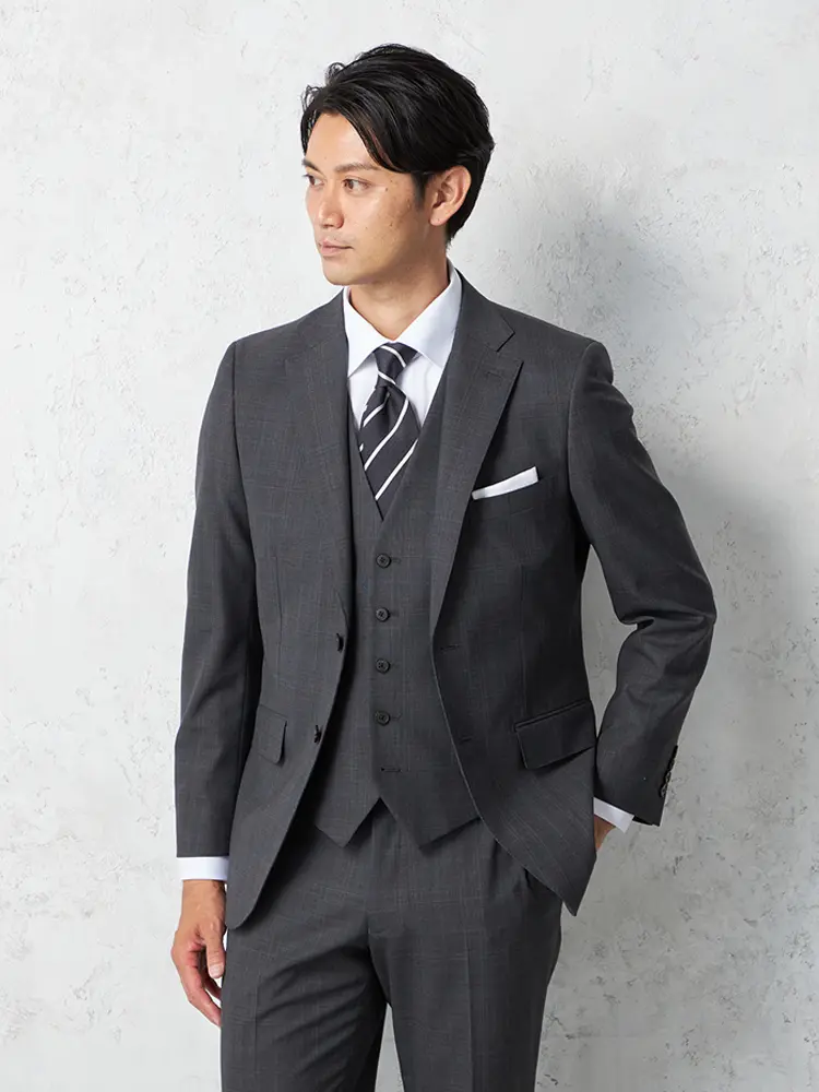 【Ｓ＆ＭＢＬＵＥＬＡＢＥＬ】３ピーススーツ２つボタングレンチェックパンツウォッシャブルノータック秋冬