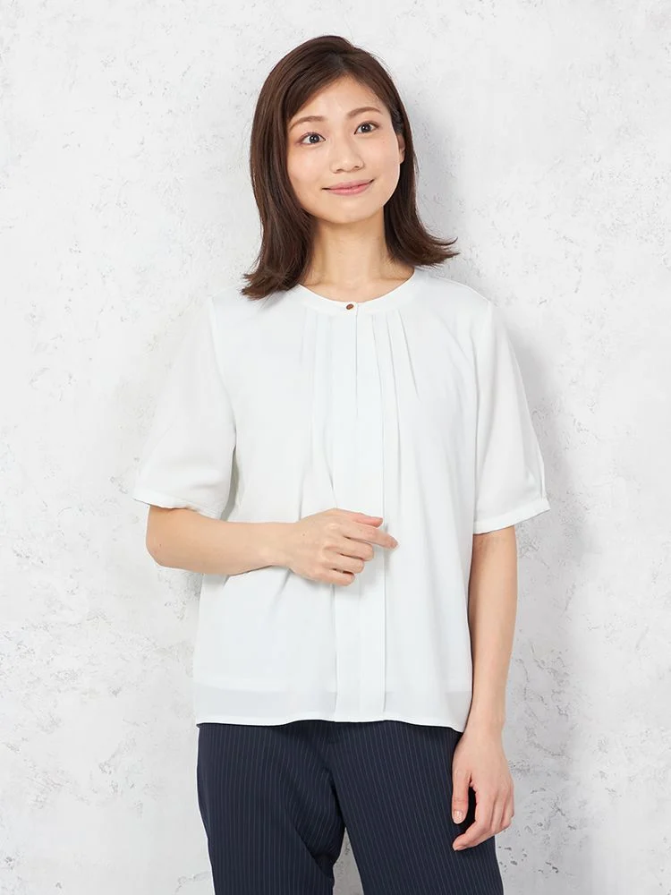 ◆SALE特別価格◆【ウォッシャブル】カットソー5分袖タックデザインUV加工無地SOFFICE春夏【レディース】