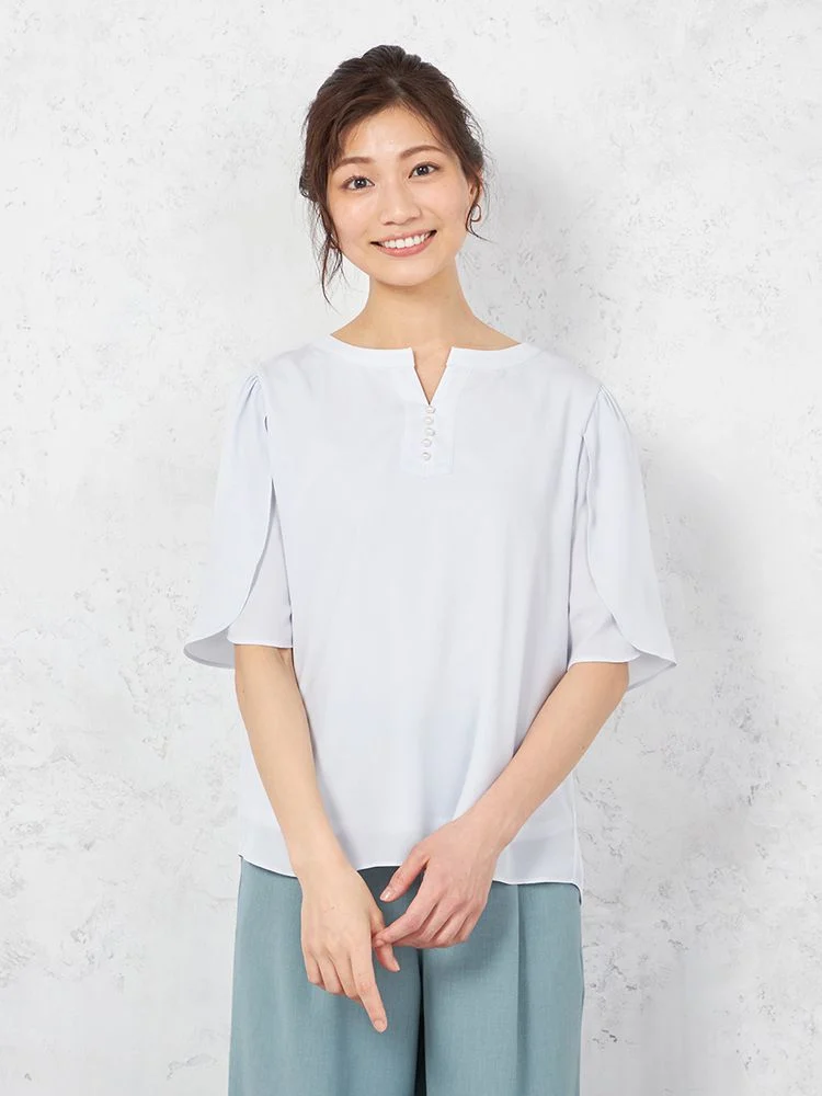 ◆SALE特別価格◆【ウォッシャブル】カットソー5分袖フロントパールUV加工無地SOFFICE春夏【レディース】