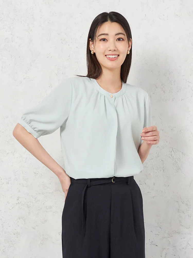 【UVカット】バンドカラ−ブラウス5分袖透けにくいウォッシャブルSOFFICE春夏【レディース】