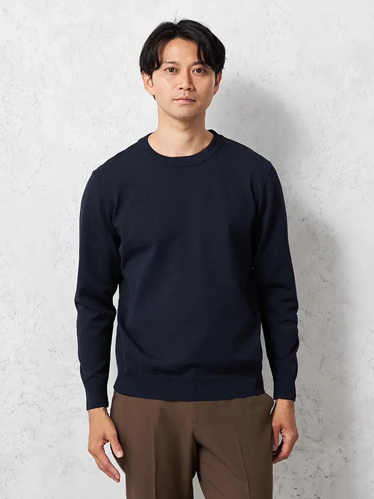 【TOKYORUN】14G天竺ミジンボーダークルーネックニットカジュアルインナー長袖ウォッシャブル抗ピリング吸汗速乾秋冬