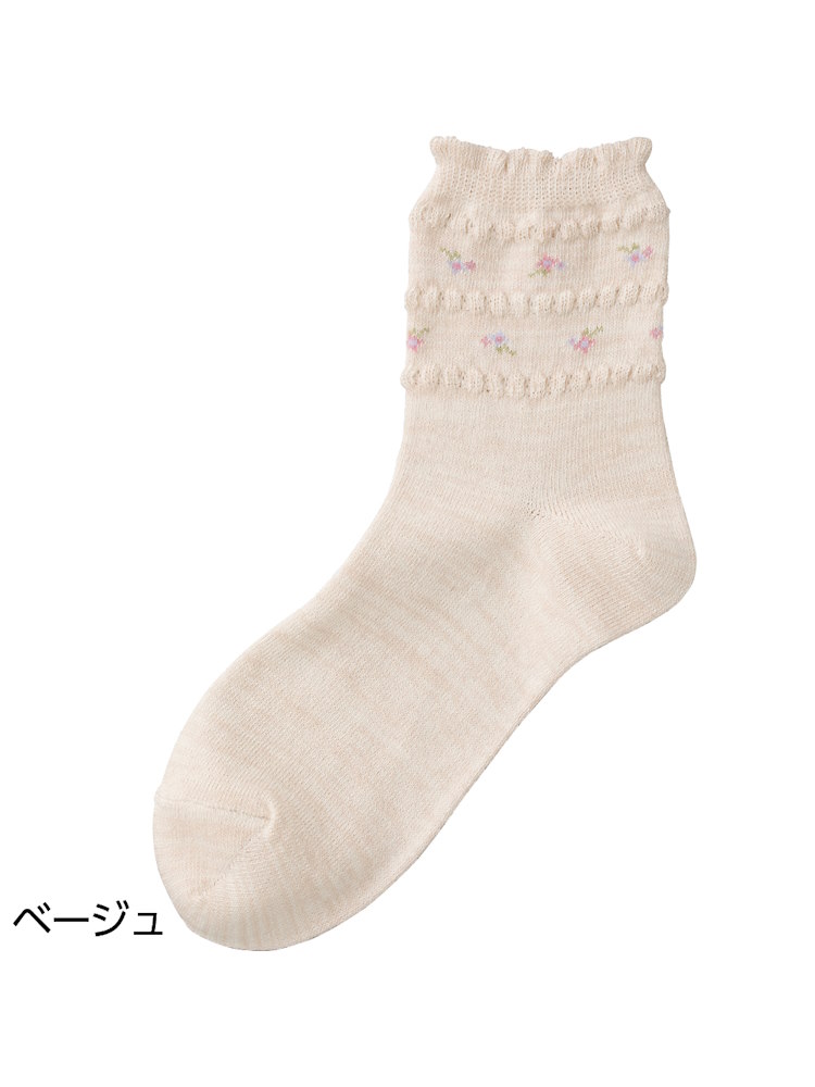 レディースすべり止め付麻混ソックス(花柄)22～24?【CF】