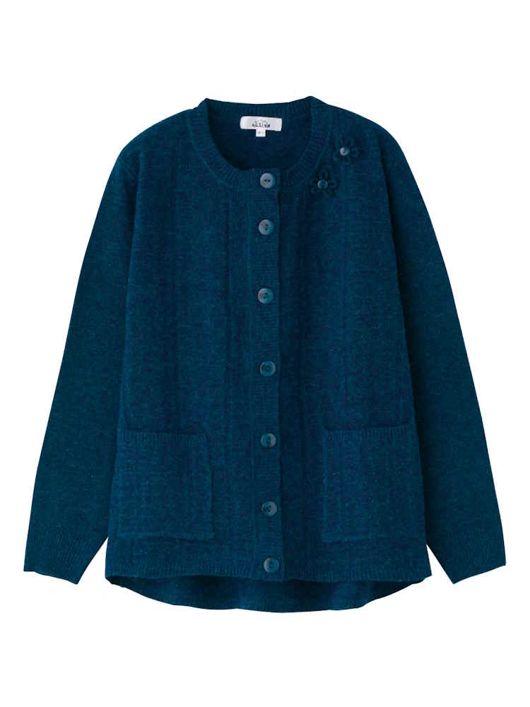 【前開き】【名前記入欄付】あったか毛混斜め釦ホールニットカーディガン／婦人用／レディース／高齢者／シニア／秋冬／入居／施設／介護／後ろ長め／ギフト／プレゼント【CF】