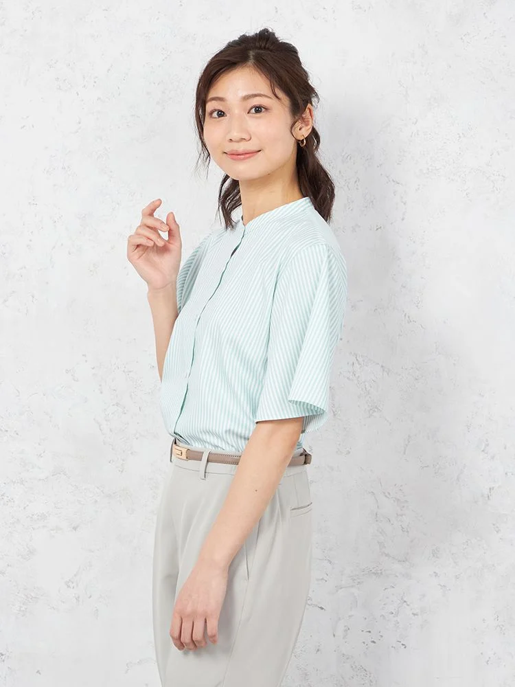 ◆SALE特別価格◆【涼感】ブラウス 半袖 バンドカラー ストライプ【形態安定/遮熱/UVカット/透け防止/接触冷感】 SOFFICE 春夏【レディース】