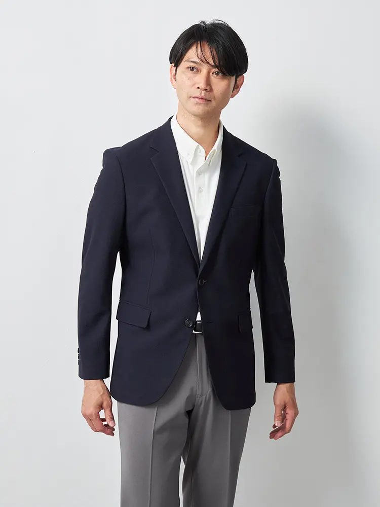 ニットジャケット カラミ織風 ２つボタン ウォッシャブル ストレッチ 春夏
