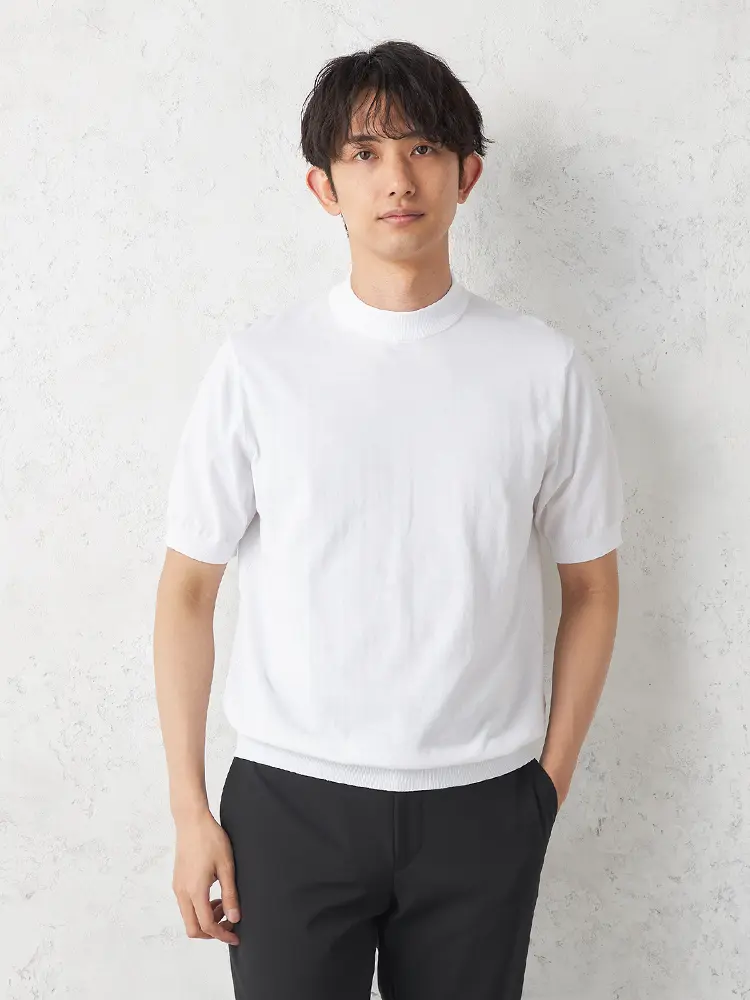 【Rucken Bacchar Black】 モックネックニットＴシャツ カジュアルインナー 半袖 リッケンバッカー 冷感 春夏