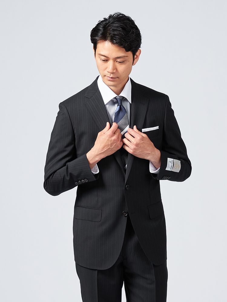 【ウール混】スーツ 2つボタン 国内縫製 ワンタック ストライプ 